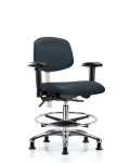 Class 100 Vinyl Clean Room Chair - Medium Bench Height with Adjustable Arms, Chrome Foot Ring, & Stationary Glides in Imperial Blue Trailblazer Vinyl NCR-VMBCH-CR-T0-A1-CF-RG-8582