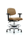 Class 100 Vinyl Clean Room Chair - Medium Bench Height with Adjustable Arms, Chrome Foot Ring, & Stationary Glides in Taupe Trailblazer Vinyl NCR-VMBCH-CR-T0-A1-CF-RG-8584