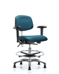 Class 100 Vinyl Clean Room Chair - Medium Bench Height with Adjustable Arms, Chrome Foot Ring, & Stationary Glides in Marine Blue Supernova Vinyl NCR-VMBCH-CR-T0-A1-CF-RG-8801