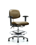 Class 100 Vinyl Clean Room Chair - Medium Bench Height with Adjustable Arms, Chrome Foot Ring, & Stationary Glides in Taupe Supernova Vinyl NCR-VMBCH-CR-T0-A1-CF-RG-8809