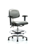 Class 100 Vinyl Clean Room Chair - Medium Bench Height with Adjustable Arms, Chrome Foot Ring, & Stationary Glides in Sterling Supernova Vinyl NCR-VMBCH-CR-T0-A1-CF-RG-8840