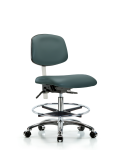 Class 100 Vinyl Clean Room Chair - Medium Bench Height with Seat Tilt, Chrome Foot Ring, & Casters in Colonial Blue Trailblazer Vinyl NCR-VMBCH-CR-T1-A0-CF-CC-8546