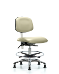 Class 100 Vinyl Clean Room Chair - Medium Bench Height with Seat Tilt, Chrome Foot Ring, & Stationary Glides in Adobe White Trailblazer Vinyl NCR-VMBCH-CR-T1-A0-CF-RG-8501