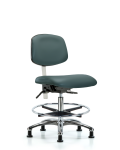 Class 100 Vinyl Clean Room Chair - Medium Bench Height with Seat Tilt, Chrome Foot Ring, & Stationary Glides in Colonial Blue Trailblazer Vinyl NCR-VMBCH-CR-T1-A0-CF-RG-8546