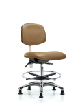 Class 100 Vinyl Clean Room Chair - Medium Bench Height with Seat Tilt, Chrome Foot Ring, & Stationary Glides in Taupe Trailblazer Vinyl NCR-VMBCH-CR-T1-A0-CF-RG-8584