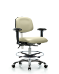 Class 100 Vinyl Clean Room Chair - Medium Bench Height with Seat Tilt, Adjustable Arms, Chrome Foot Ring, & Casters in Adobe White Trailblazer Vinyl NCR-VMBCH-CR-T1-A1-CF-CC-8501