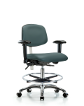 Class 100 Vinyl Clean Room Chair - Medium Bench Height with Seat Tilt, Adjustable Arms, Chrome Foot Ring, & Casters in Colonial Blue Trailblazer Vinyl NCR-VMBCH-CR-T1-A1-CF-CC-8546