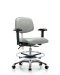 Class 100 Vinyl Clean Room Chair - Medium Bench Height with Seat Tilt, Adjustable Arms, Chrome Foot Ring, & Casters in Dove Trailblazer Vinyl NCR-VMBCH-CR-T1-A1-CF-CC-8567
