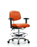 Class 100 Vinyl Clean Room Chair - Medium Bench Height with Seat Tilt, Adjustable Arms, Chrome Foot Ring, & Casters in Orange Kist Trailblazer Vinyl NCR-VMBCH-CR-T1-A1-CF-CC-8613