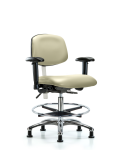 Class 100 Vinyl Clean Room Chair - Medium Bench Height with Seat Tilt, Adjustable Arms, Chrome Foot Ring, & Stationary Glides in Adobe White Trailblazer Vinyl NCR-VMBCH-CR-T1-A1-CF-RG-8501