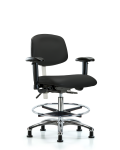 Class 100 Vinyl Clean Room Chair - Medium Bench Height with Seat Tilt, Adjustable Arms, Chrome Foot Ring, & Stationary Glides in Black Trailblazer Vinyl NCR-VMBCH-CR-T1-A1-CF-RG-8540
