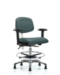 Class 100 Vinyl Clean Room Chair - Medium Bench Height with Seat Tilt, Adjustable Arms, Chrome Foot Ring, & Stationary Glides in Colonial Blue Trailblazer Vinyl NCR-VMBCH-CR-T1-A1-CF-RG-8546