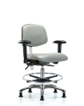 Class 100 Vinyl Clean Room Chair - Medium Bench Height with Seat Tilt, Adjustable Arms, Chrome Foot Ring, & Stationary Glides in Dove Trailblazer Vinyl NCR-VMBCH-CR-T1-A1-CF-RG-8567