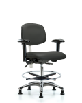 Class 100 Vinyl Clean Room Chair - Medium Bench Height with Seat Tilt, Adjustable Arms, Chrome Foot Ring, & Stationary Glides in Charcoal Trailblazer Vinyl NCR-VMBCH-CR-T1-A1-CF-RG-8605