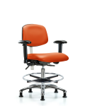 Class 100 Vinyl Clean Room Chair - Medium Bench Height with Seat Tilt, Adjustable Arms, Chrome Foot Ring, & Stationary Glides in Orange Kist Trailblazer Vinyl NCR-VMBCH-CR-T1-A1-CF-RG-8613