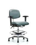 Class 100 Vinyl Clean Room Chair - Medium Bench Height with Seat Tilt, Adjustable Arms, Chrome Foot Ring, & Stationary Glides in Storm Supernova Vinyl NCR-VMBCH-CR-T1-A1-CF-RG-8822