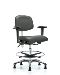 Class 100 Vinyl Clean Room Chair - Medium Bench Height with Seat Tilt, Adjustable Arms, Chrome Foot Ring, & Stationary Glides in Carbon Supernova Vinyl NCR-VMBCH-CR-T1-A1-CF-RG-8823