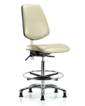 Class 100 Vinyl Clean Room Chair - Medium Bench Height with Medium Back, Chrome Foot Ring, & Stationary Glides in Adobe White Trailblazer Vinyl NCR-VMBCH-MB-CR-T0-A0-CF-RG-8501