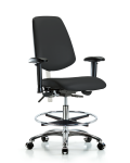 Class 100 Vinyl Clean Room Chair - Medium Bench Height with Medium Back, Adjustable Arms, Chrome Foot Ring, & Casters in Black Trailblazer Vinyl NCR-VMBCH-MB-CR-T0-A1-CF-CC-8540