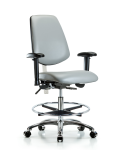 Class 100 Vinyl Clean Room Chair - Medium Bench Height with Medium Back, Adjustable Arms, Chrome Foot Ring, & Casters in Dove Trailblazer Vinyl NCR-VMBCH-MB-CR-T0-A1-CF-CC-8567