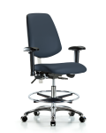 Class 100 Vinyl Clean Room Chair - Medium Bench Height with Medium Back, Adjustable Arms, Chrome Foot Ring, & Casters in Imperial Blue Trailblazer Vinyl NCR-VMBCH-MB-CR-T0-A1-CF-CC-8582