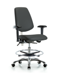 Class 100 Vinyl Clean Room Chair - Medium Bench Height with Medium Back, Adjustable Arms, Chrome Foot Ring, & Casters in Charcoal Trailblazer Vinyl NCR-VMBCH-MB-CR-T0-A1-CF-CC-8605