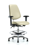 Class 100 Vinyl Clean Room Chair - Medium Bench Height with Medium Back, Adjustable Arms, Chrome Foot Ring, & Stationary Glides in Adobe White Trailblazer Vinyl NCR-VMBCH-MB-CR-T0-A1-CF-RG-8501
