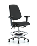 Class 100 Vinyl Clean Room Chair - Medium Bench Height with Medium Back, Adjustable Arms, Chrome Foot Ring, & Stationary Glides in Black Trailblazer Vinyl NCR-VMBCH-MB-CR-T0-A1-CF-RG-8540