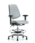 Class 100 Vinyl Clean Room Chair - Medium Bench Height with Medium Back, Adjustable Arms, Chrome Foot Ring, & Stationary Glides in Dove Trailblazer Vinyl NCR-VMBCH-MB-CR-T0-A1-CF-RG-8567