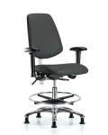 Class 100 Vinyl Clean Room Chair - Medium Bench Height with Medium Back, Adjustable Arms, Chrome Foot Ring, & Stationary Glides in Charcoal Trailblazer Vinyl NCR-VMBCH-MB-CR-T0-A1-CF-RG-8605