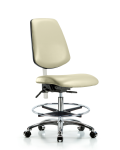 Class 100 Vinyl Clean Room Chair - Medium Bench Height with Medium Back, Seat Tilt, Chrome Foot Ring, & Casters in Adobe White Trailblazer Vinyl NCR-VMBCH-MB-CR-T1-A0-CF-CC-8501