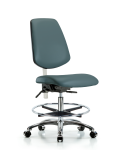 Class 100 Vinyl Clean Room Chair - Medium Bench Height with Medium Back, Seat Tilt, Chrome Foot Ring, & Casters in Colonial Blue Trailblazer Vinyl NCR-VMBCH-MB-CR-T1-A0-CF-CC-8546