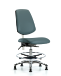 Class 100 Vinyl Clean Room Chair - Medium Bench Height with Medium Back, Seat Tilt, Chrome Foot Ring, & Stationary Glides in Colonial Blue Trailblazer Vinyl NCR-VMBCH-MB-CR-T1-A0-CF-RG-8546