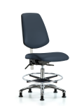 Class 100 Vinyl Clean Room Chair - Medium Bench Height with Medium Back, Seat Tilt, Chrome Foot Ring, & Stationary Glides in Imperial Blue Trailblazer Vinyl NCR-VMBCH-MB-CR-T1-A0-CF-RG-8582