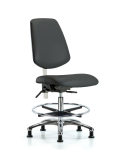 Class 100 Vinyl Clean Room Chair - Medium Bench Height with Medium Back, Seat Tilt, Chrome Foot Ring, & Stationary Glides in Charcoal Trailblazer Vinyl NCR-VMBCH-MB-CR-T1-A0-CF-RG-8605