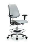 Class 100 Vinyl Clean Room Chair - Medium Bench Height with Medium Back, Seat Tilt, Adjustable Arms, Chrome Foot Ring, & Casters in Sterling Supernova Vinyl NCR-VMBCH-MB-CR-T1-A1-CF-CC-8840