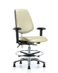 CL100 Vinyl Clean Room Chair - Medium Bench Height with Medium Back, Seat Tilt, Adj Arms, Chrome Foot Ring, & Stationary Glides in Adobe White Trailblazer Vinyl NCR-VMBCH-MB-CR-T1-A1-CF-RG-8501