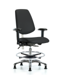 CL100 Vinyl Clean Room Chair - Medium Bench Height with Medium Back, Seat Tilt, Adj Arms, Chrome Foot Ring, & Stationary Glides in Black Trailblazer Vinyl NCR-VMBCH-MB-CR-T1-A1-CF-RG-8540
