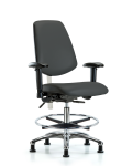CL100 Vinyl Clean Room Chair - Medium Bench Height with Medium Back, Seat Tilt, Adj Arms, Chrome Foot Ring, & Stationary Glides in Charcoal Trailblazer Vinyl NCR-VMBCH-MB-CR-T1-A1-CF-RG-8605
