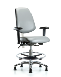 CL100 Vinyl Clean Room Chair - Medium Bench Height with Medium Back, Seat Tilt, Adj Arms, Chrome Foot Ring, & Stationary Glides in Sterling Supernova Vinyl NCR-VMBCH-MB-CR-T1-A1-CF-RG-8840