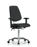 Class 100 Vinyl Clean Room Chair - Medium Bench Height with Medium Back, Seat Tilt, Adjustable Arms, & Casters in Black Trailblazer Vinyl NCR-VMBCH-MB-CR-T1-A1-NF-CC-8540