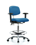 Class 100 Vinyl Clean Room/ESD Chair - High Bench Height with Adjustable Arms, Chrome Foot Ring, & ESD Casters in Blue ESD Vinyl NECR-HBCH-CR-T0-A1-CF-EC-ESDBLU