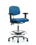 Class 100 Vinyl Clean Room/ESD Chair - High Bench Height with Adjustable Arms, Chrome Foot Ring, & ESD Stationary Glides in Blue ESD Vinyl NECR-HBCH-CR-T0-A1-CF-EG-ESDBLU