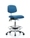 Class 100 Vinyl Clean Room/ESD Chair - High Bench Height with Seat Tilt, Chrome Foot Ring, & ESD Casters in Blue ESD Vinyl NECR-HBCH-CR-T1-A0-CF-EC-ESDBLU