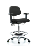 Class 100 Vinyl Clean Room/ESD Chair - High Bench Height with Seat Tilt, Adjustable Arms, Chrome Foot Ring, & ESD Casters in Black ESD Vinyl NECR-HBCH-CR-T1-A1-CF-EC-ESDBLK