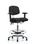 Class 100 Vinyl Clean Room/ESD Chair - High Bench Height with Seat Tilt, Adjustable Arms, Chrome Foot Ring, & ESD Stationary Glides in Black ESD Vinyl NECR-HBCH-CR-T1-A1-CF-EG-ESDBLK