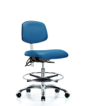 Class 100 Vinyl Clean Room/ESD Chair - Medium Bench Height with Chrome Foot Ring & ESD Casters in Blue ESD Vinyl NECR-MBCH-CR-T0-A0-CF-EC-ESDBLU