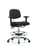 Class 100 Vinyl Clean Room/ESD Chair - Medium Bench Height with Adjustable Arms, Chrome Foot Ring, & ESD Casters in Black ESD Vinyl NECR-MBCH-CR-T0-A1-CF-EC-ESDBLK