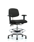 Class 100 Vinyl Clean Room/ESD Chair - Medium Bench Height with Adjustable Arms, Chrome Foot Ring, & ESD Stationary Glides in Black ESD Vinyl NECR-MBCH-CR-T0-A1-CF-EG-ESDBLK