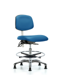 Class 100 Vinyl Clean Room/ESD Chair - Medium Bench Height with Seat Tilt, Chrome Foot Ring, & ESD Stationary Glides in Blue ESD Vinyl NECR-MBCH-CR-T1-A0-CF-EG-ESDBLU